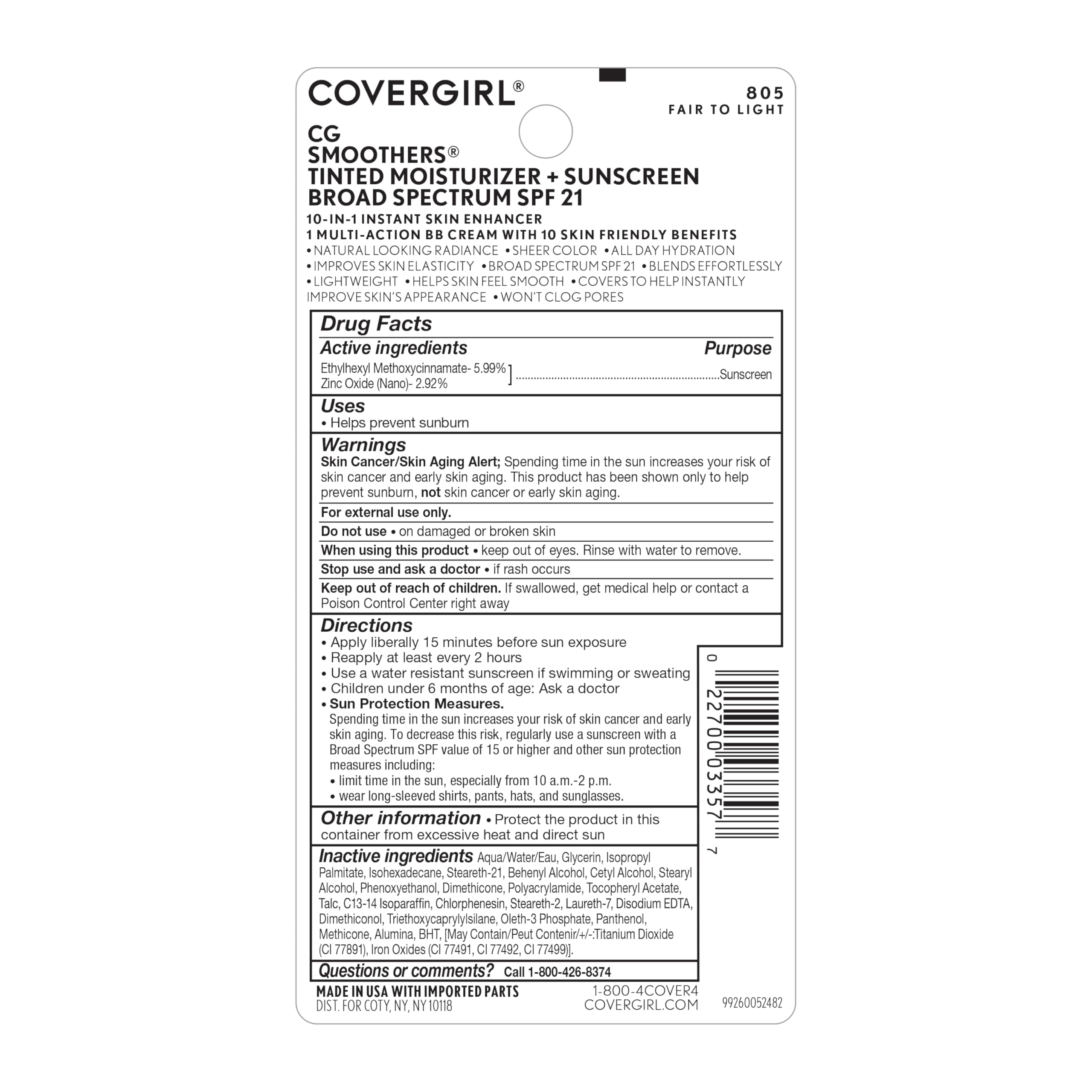 COVERGIRL Smoothers Lightweight BB Cream, Fair to Light 805, 1.35 oz (Packaging May Vary) Lightweight Hydrating 10-In-1 Skin Enhancer with SPF 21 UV Protection